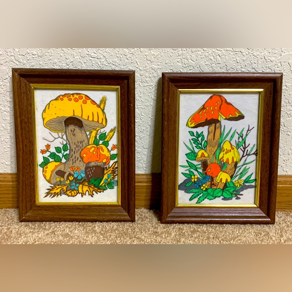 Vintage Retro 70’s Frame Mushroom Wall Hanging Art 9x6.5 Set Of 2